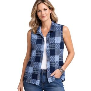 Sag Harbor Sport Blue Patchwork Sleeveless Button‎ Down Vest XL Coastal Grandma